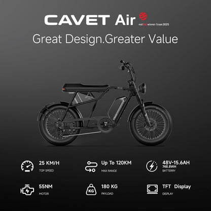 Cavet Air Fat Tire Electric Bike, 48V 250W Motor, 15.6AH Battery, 7-Speed Gears, Dual Seat, TFT Display, E-Bike for Men & Adults