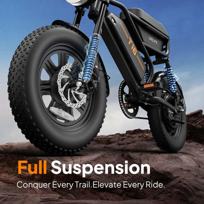 URLIFE 16" x 3.0 Electric Bike, 48V 13Ah Removable Battery, 250W Brushless Motor, 100km Range, Ebike with Dual Suspension, Lockable Storage Box for Teenagers and Adults (Black)