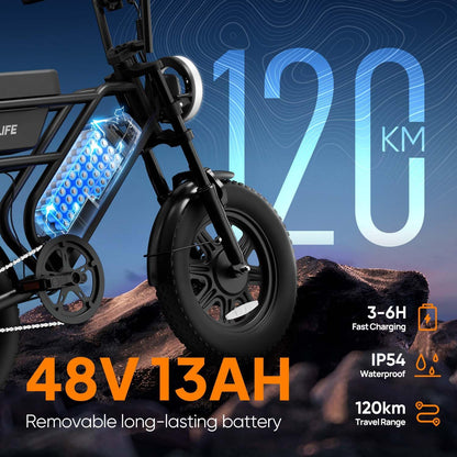 URLIFE 16" x 3.0 Electric Bike, 48V 13Ah Removable Battery, 250W Brushless Motor, 100km Range, Ebike with Dual Suspension, Lockable Storage Box for Teenagers and Adults (Black)