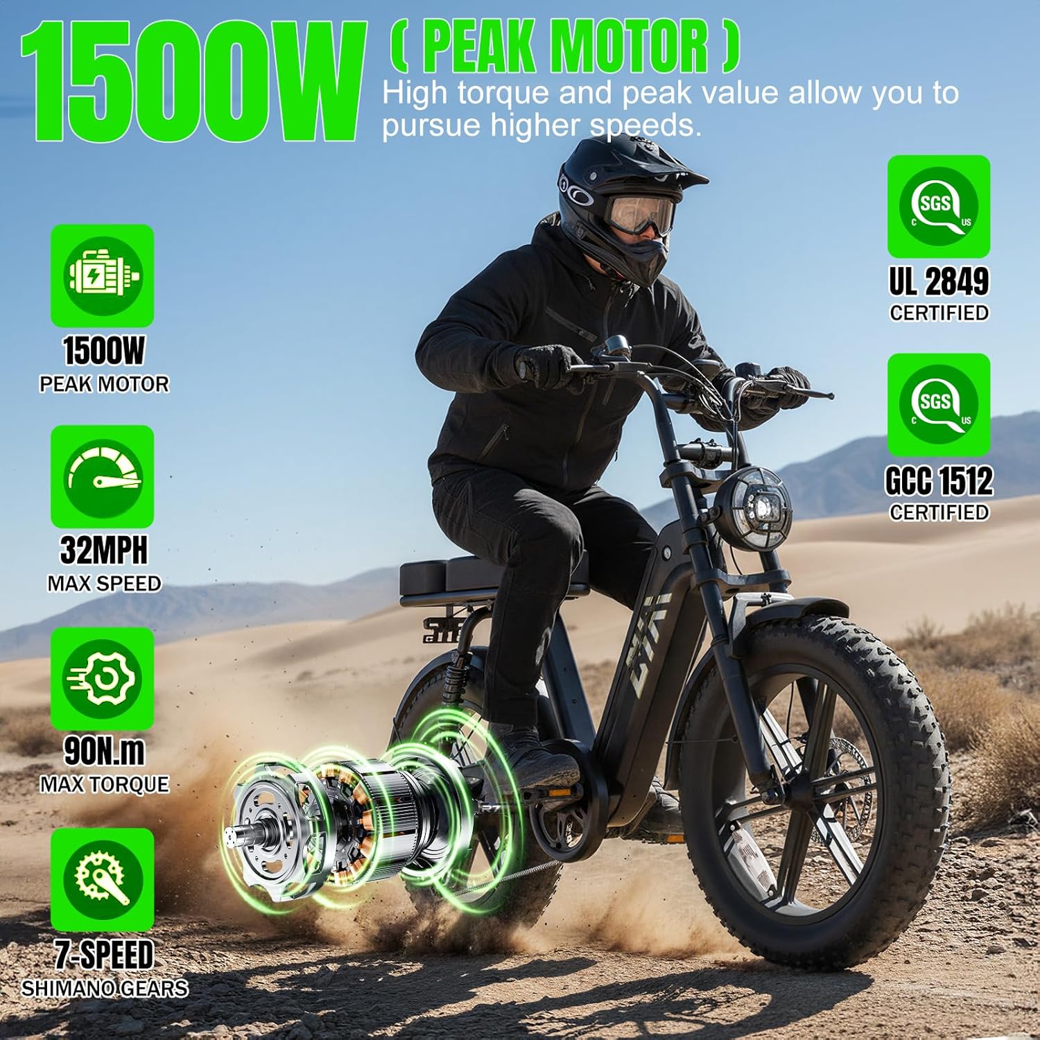 TST Electric Bike for Adults 1500W Peak 20" Fat Tire All-Terrain E-Bike 60 Miles Electric Dirt Bike for Road Sand Mountain Snow - 48V 15AH Battery Powered Electric Motorcycle for Adventure