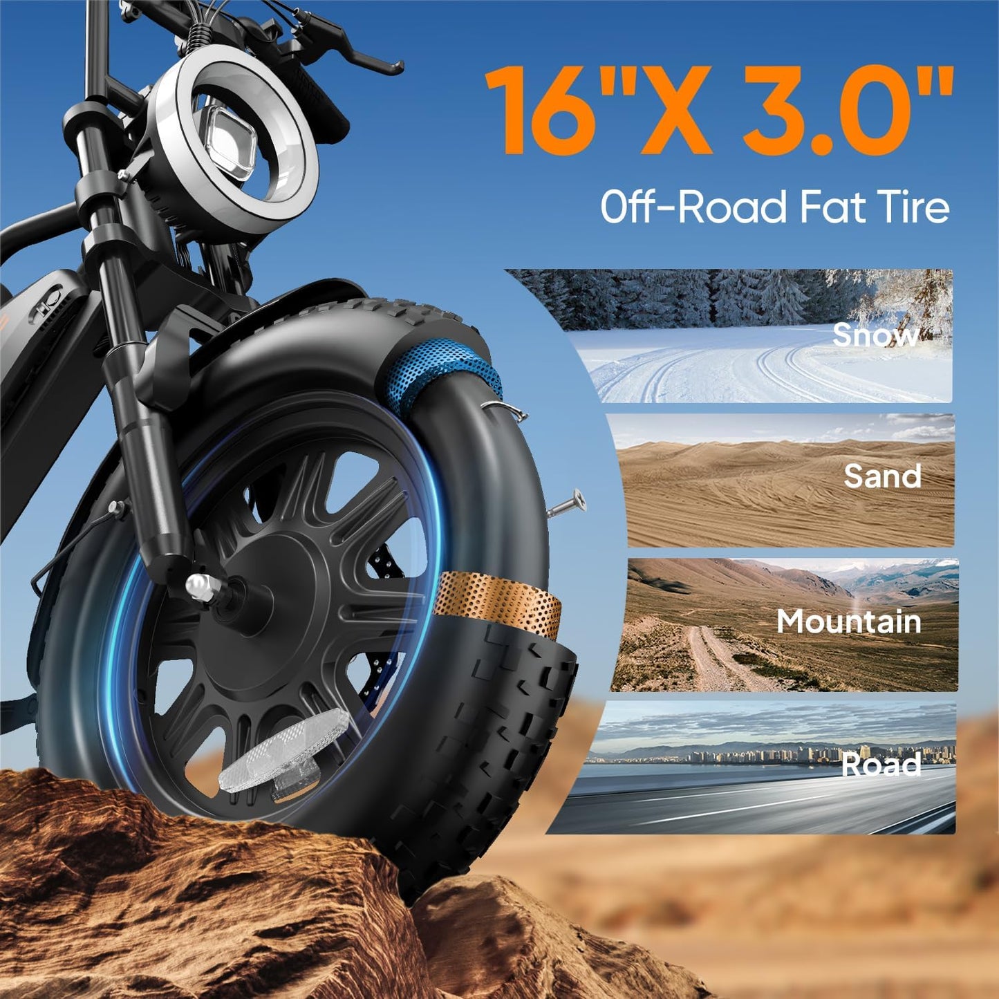URLIFE 16" x 3.0 Electric Bike, 48V 13Ah Removable Battery, 250W Brushless Motor, 100km Range, Ebike with Dual Suspension, Lockable Storage Box for Teenagers and Adults (Black)
