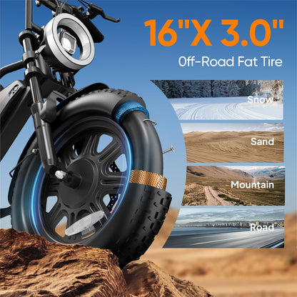 URLIFE 16" x 3.0 Electric Bike, 48V 13Ah Removable Battery, 250W Brushless Motor, 100km Range, Ebike with Dual Suspension, Lockable Storage Box for Teenagers and Adults (Black)