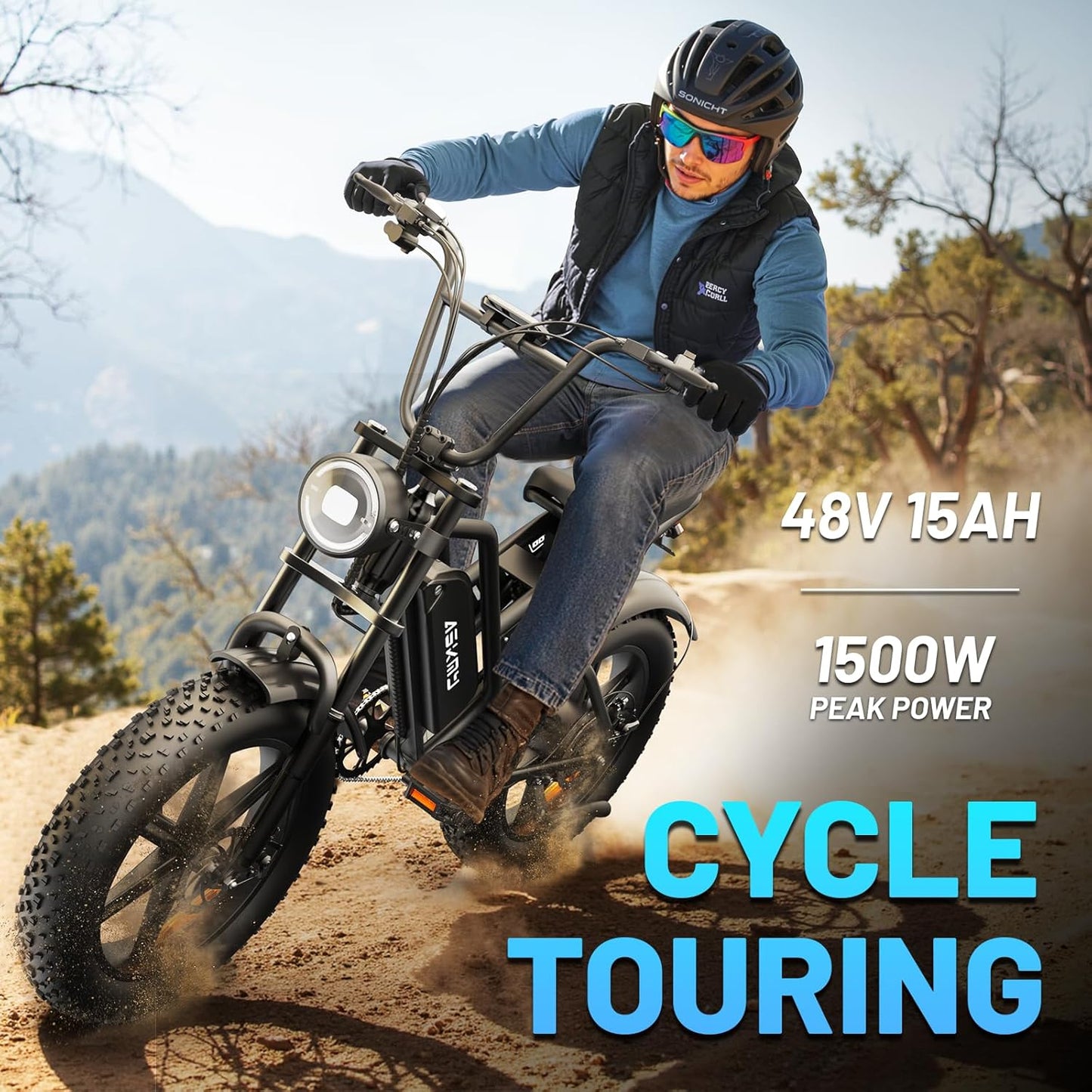 20" Fat Tire Electric Bike for Adults, 1500W Peak Motor E-Bike with 48V 15Ah Removable Battery, 60 Miles PAS Range, Dirt Electric Mountain Bicycles for Off Road and Commuting