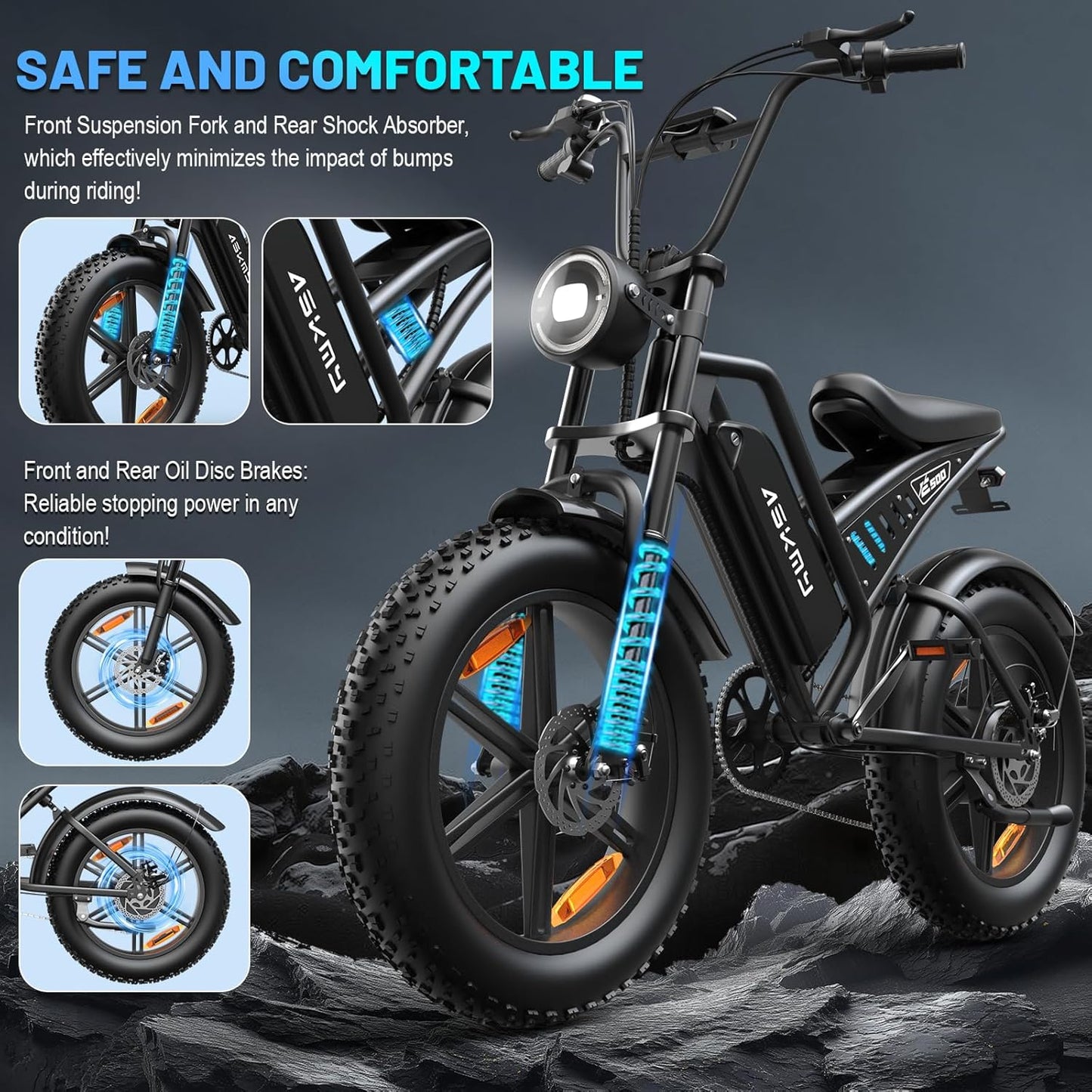 20" Fat Tire Electric Bike for Adults, 1500W Peak Motor E-Bike with 48V 15Ah Removable Battery, 60 Miles PAS Range, Dirt Electric Mountain Bicycles for Off Road and Commuting